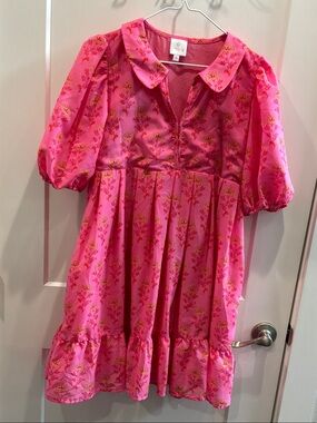 J. Marie Small Pink Floral Puff-Sleeve Mini Dress Peter Pan Collar